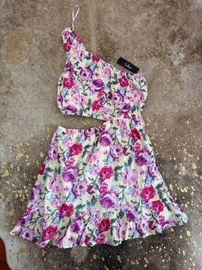 Lulu's Floral One-Shoulder Cutout Dress in Pink and Purple